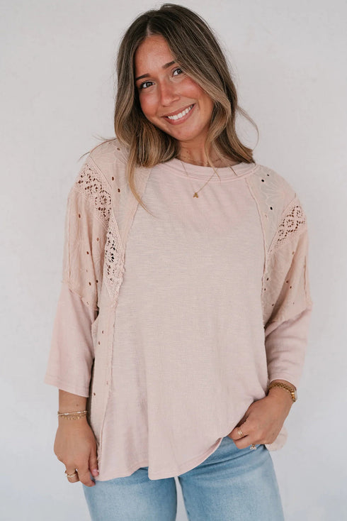 Apricot Pink Floral Lace Eyelet Patchwork Bracelet Sleeve T Shirt