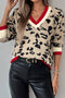Khaki Leopard Pattern Knit Contrast Striped Trim V Neck Sweater