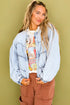 Beau Blue Pleated Seam Detail Round Neck Zip Up Denim Jacket