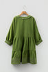 Jungle Green Contrast Stitched V Neck 3/4 Sleeve Tiered Mini Dress
