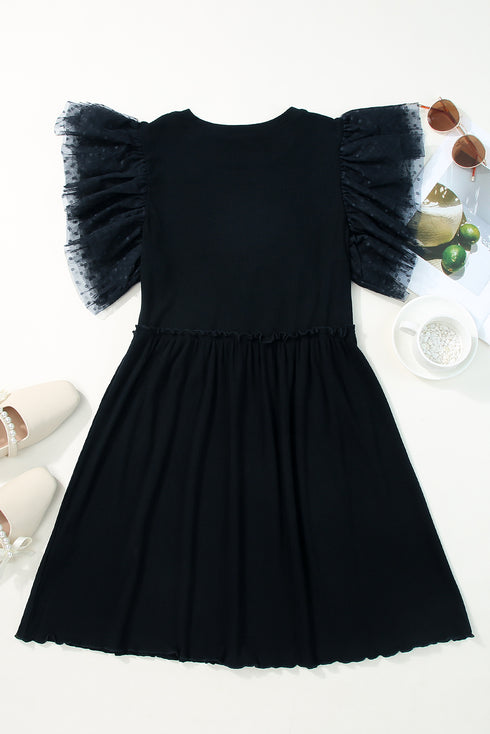 Black Dotty Mesh Ruffle Sleeve Ribbed Knit Babydoll Mini Dress
