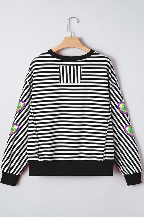 Black Stripe Raw Seam Detail Sequin Mardi Gras Heart Patched Graphic Long Sleeve Top