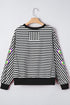 Black Stripe Raw Seam Detail Sequin Mardi Gras Heart Patched Graphic Long Sleeve Top