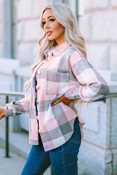 Pink Gray Plaid Color Block Buttoned Long Sleeve Jacket with Pocket