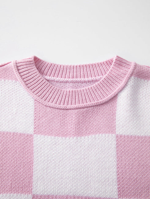 Pink Checkered Bishop Sleeve Sweater