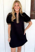 Black Leopard Patchwork Zip Collared Short Puff Sleeve Shift Mini Dress