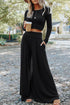 Black Solid Color Ribbed Crop Top Long Pants Set