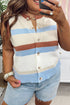 Brown Stripe Buttoned Front Round Neck Plus Size Cardigan Vest