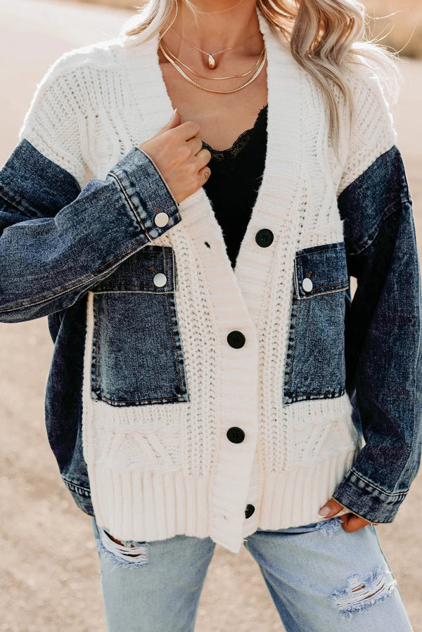 Beige Chunky Knit Denim Patchwork Cardigan Sweater