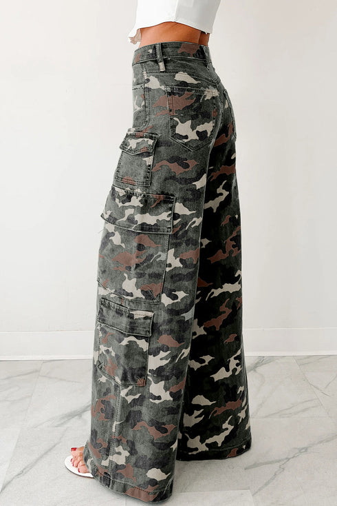 Green Camo Denim Cargo Wide Leg Pants