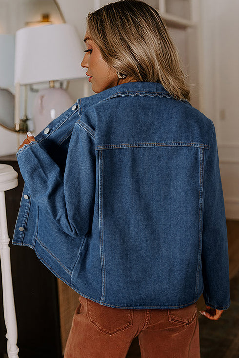 Ashleigh Blue Scallop Trim Collar Patched Pocket Button Up Mineral Washed Denim Jacket