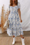 Sky Blue Smocked Bodice Short Puff Sleeve Tiered Floral Midi Dress