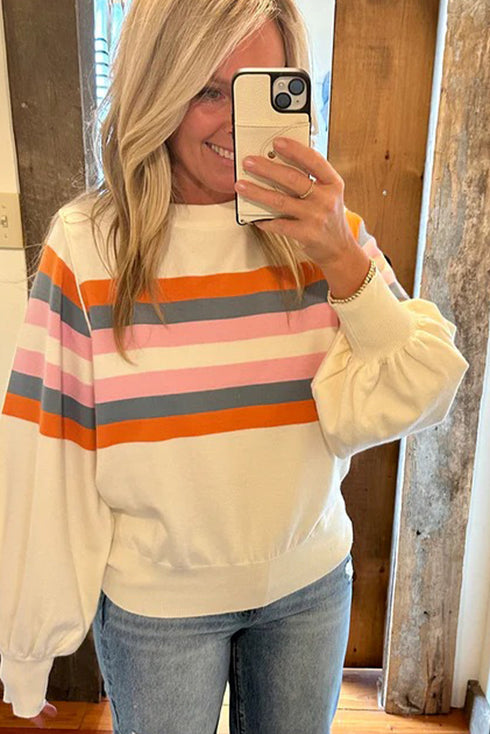 Beige Stripe Puff Sleeve Casual Pullover Sweatshirt