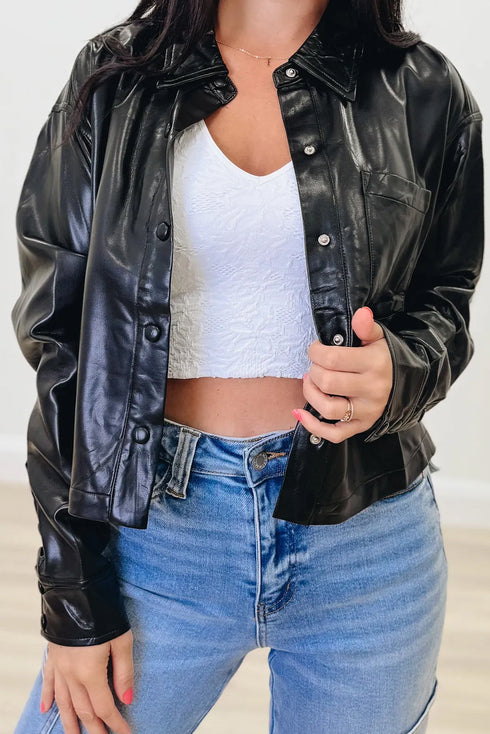 Black Cropped Faux Leather Jacket
