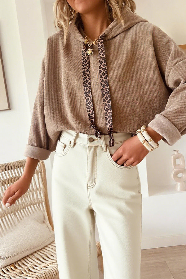 Dark Khaki Thermal Textured Lace/Leopard Drawstring Baggy Hoodie