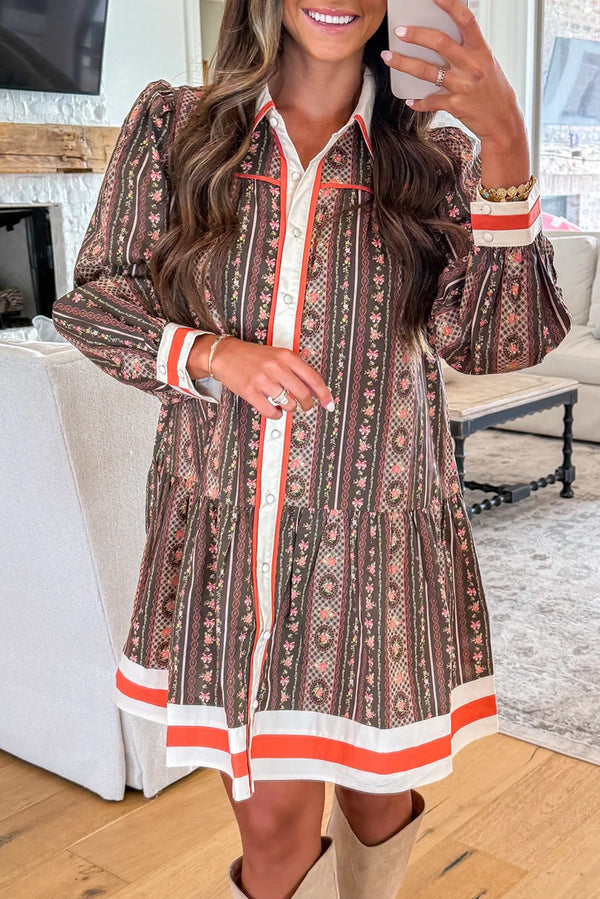 Brown Retro Floral Print Striped Color Block Patchwork Long Sleeve Shirt Dress