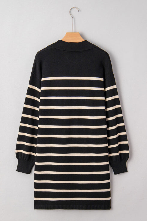 Black Stripe Polo Collar Puff Sleeve Sweater Mini Dress