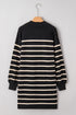 Black Stripe Polo Collar Puff Sleeve Sweater Mini Dress