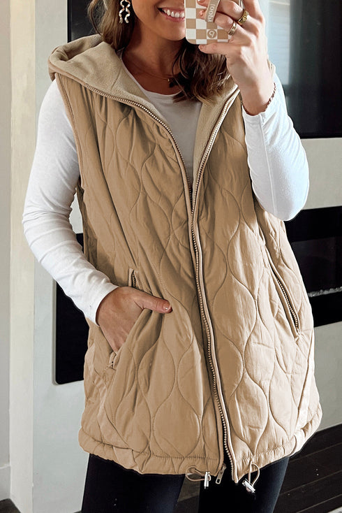 Pale Khaki Quilted Padded Casual Winter Jacket Vest with Fleece Lining