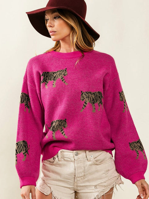 rose-red-fierce-animal-pattern-casual-knitted-sweater