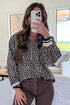 Khaki Leopard Print Half Zip up Blouse