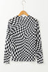 Black Checkered Pattern Mesh Mock Neck Long Sleeve Top