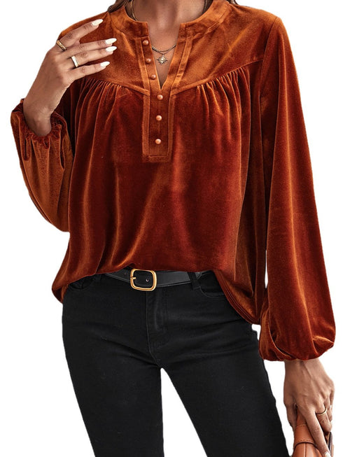 ladies-t-shirts-gold-velvet-pile-neck-pleated-long-sleeve-t-shirt