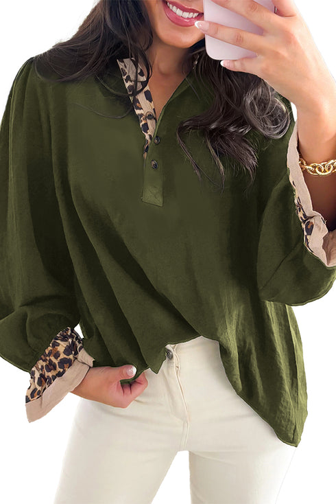 Blackish Green Contrast Leopard Print Patchwork Polo Collar Buttons Front Ruffled Long Sleeve Blouse