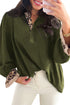 Blackish Green Contrast Leopard Print Patchwork Polo Collar Buttons Front Ruffled Long Sleeve Blouse
