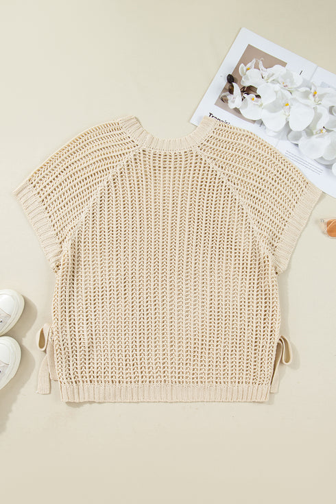 Apricot Plus Size Open Knit Bow Tie Short Sleeve Sweater