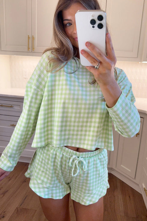 Green Gingham Long Sleeve Loose Top Drawstring Shorts 2pcs Pajama Set