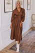Chestnut Smocked Waist Zipped Front Bracelet Sleeve Fit Flare Midi Dress