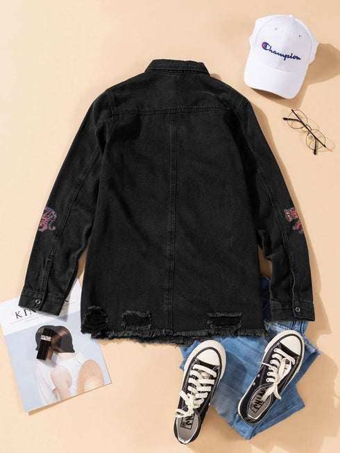 black-sequined-tigers-graphic-raw-hem-frayed-denim-jacket