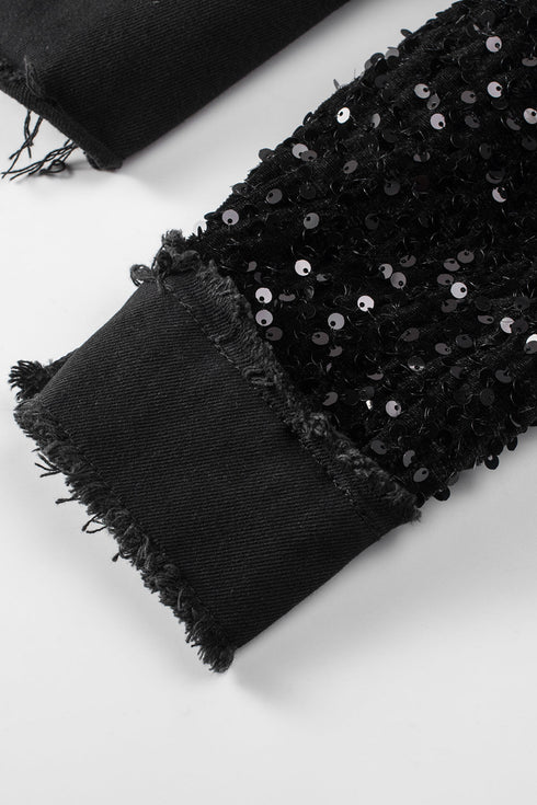 black-sequin-sleeve-pocketed-raw-hem-denim-jacket