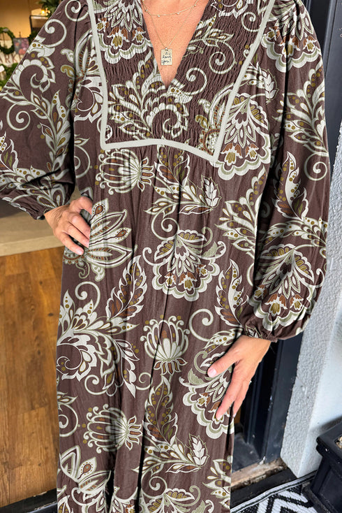 Brown Floral Print Collared V Neck Long Sleeve Shift Midi Dress