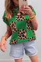 Green Leopard Checkerboard Short Sleeve Knit Sweater