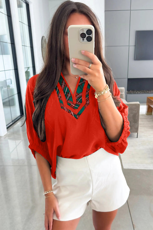 Fiery Red Contrast Plaid Patchwork V Neck Half Sleeve Blouse
