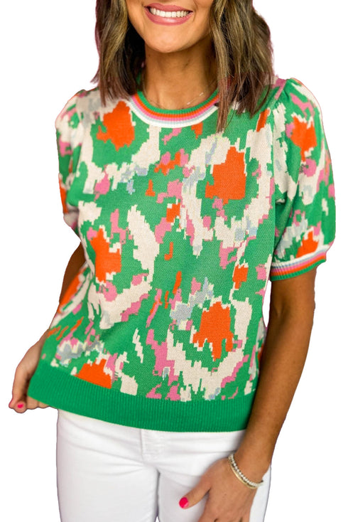 Green Abstract Pattern Knit Contrast Striped Trim Short Sleeve Sweater