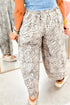 Gray Leopard Print Pleated Pockets Drawstring Barrel Jeans