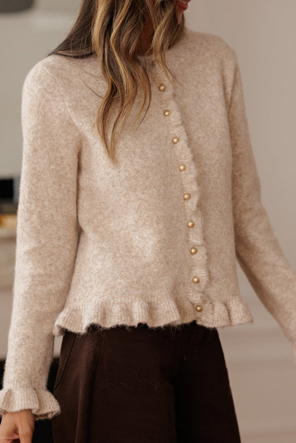 Oatmeal Ruffle Trim Gold Button Sweater Cardigan