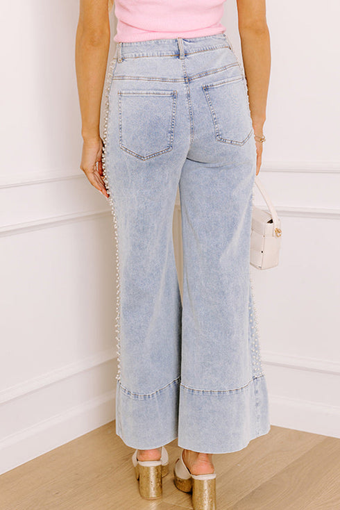 Beau Blue Mid Rise Pearl Embellished Split Wide Leg Jeans