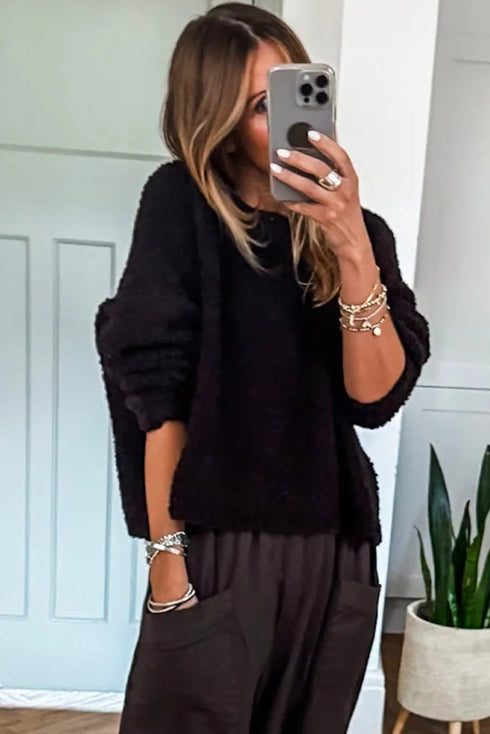 Black Round Neck Fuzzy Knit Drop Shoulder Loose Sweater