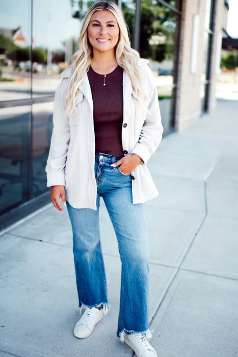 White Solid Color Exposed Seam Patchwork Button Down Fleece Shacket