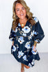 Blue Ricrac Contrast Trim Floral Puff Sleeve Plus Size Dress