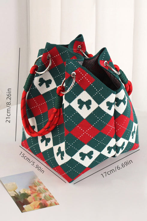 Fiery Red Retro Argyle Bow Printed Fashion Knit Bucket Bag