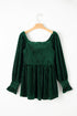 Blackish Green Smocked Ribbed Velvet Babydoll Top