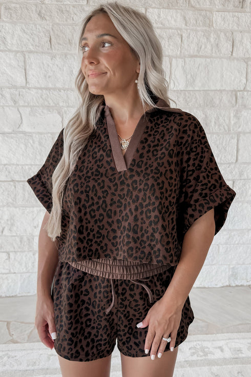 Brown V Neck Collar Leopard Printed 2pcs Short Set