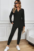 Black Ribbed Notched Neck Knit Long Sleeve Leggings Two Pieces Lounge Set