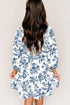 Blue Floral 3/4 Puff Sleeve Babydoll Style Mini Dress