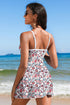 Brown Floral Print Ricrac Trim Spaghetti Strap One Piece Swim Dress
